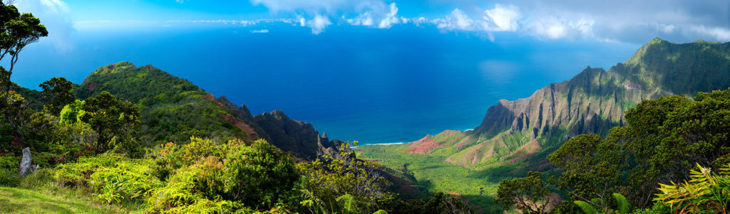 A wide shot of Kauai Island in Hawaii showing the blue ocean, green mountains, and stunning flora native to the area. This spot can be seen on a luxury vacation with Sky Bird Travel & Tours Sky Vacations called the Hawaii Island Hopping customized vacation tour package.